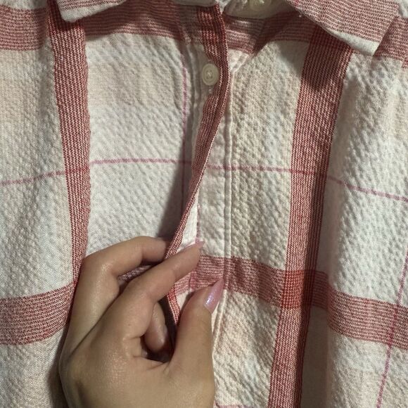 Loft Women Cuff Short Sleeve Plaid Seersucker Oversize Blouse Pink/White Medium - Picture 3 of 7